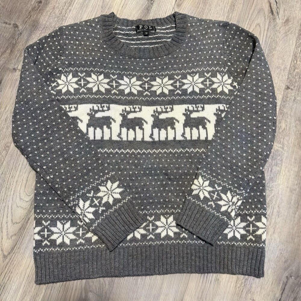 POL Gray Nordic Snowflake Deer Ugly Christmas Sweater M